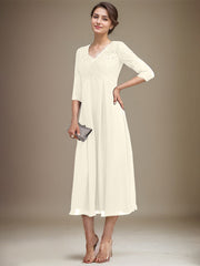 A-line V-Neck Tea-Length Chiffon Lace Mother of the Bride Dress With Beading