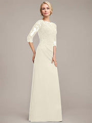 A-line Scoop Floor-Length Chiffon Lace Mother of the Bride Dress With Sequins Beading Pleated