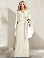 A-line V-Neck Floor-Length Chiffon Mother of the Bride Dress With Cascading Ruffles Beading