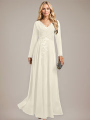 A-line V-Neck Floor-Length Stretch Crepe Evening Dress With Pleated Sequins Appliques Lace