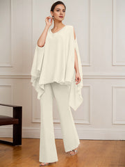Separates Jumpsuit/Pantsuit V-Neck Floor-Length Chiffon Mother of the Bride Dress With Beading