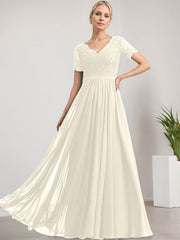 A-line V-Neck Floor-Length Lace Chiffon Mother of the Bride Dress