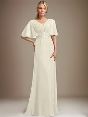 A-line V-Neck Floor-Length Chiffon Mother of the Bride Dress With Sequins Appliques Lace Pleated