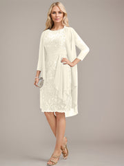 Sheath/Column Scoop Illusion Knee-Length Lace Chiffon Mother of the Bride Dress With Cascading Ruffles Sequins