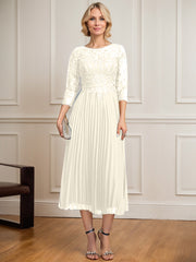 A-line Scoop Illusion Tea-Length Lace Chiffon Mother of the Bride Dress With Sequins Pleated
