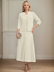 Separates A-line Scoop Tea-Length Chiffon Mother of the Bride Dress With Sequins Beading