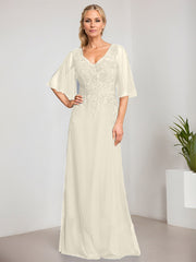 A-line V-Neck Floor-Length Lace Chiffon Mother of the Bride Dress With Sequins Beading