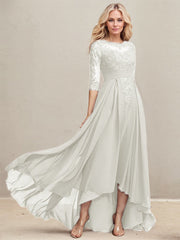A-line Scoop Illusion Asymmetrical Lace Chiffon Mother of the Bride Dress With Pleated Sequins
