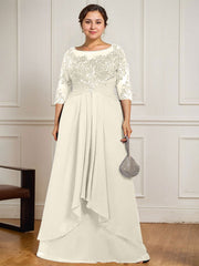 A-line Scoop Illusion Floor-Length Lace Chiffon Mother of the Bride Dress With Cascading Ruffles