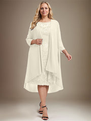 Sheath/Column Scoop Illusion Knee-Length Lace Chiffon Mother of the Bride Dress With Cascading Ruffles Sequins