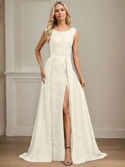 Sheath/Column Scoop Illusion Floor-Length Detachable Chiffon Lace Mother of the Bride Dress With Sequins Beading