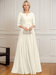A-line Scoop Floor-Length Lace Chiffon Mother of the Bride Dress With Crystal Brooch Sequins