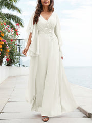 A-Line V-Neck Floor-Length Chiffon Mother Of The Bride Dresses With Appliques Lace