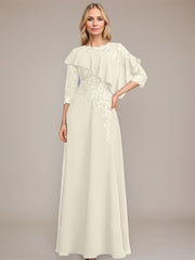 A-line Scoop Illusion Floor-Length Chiffon Lace Mother of the Bride Dress With Ruffle Sequins Beading