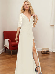 A-Line V-Neck 1/2 Sleeves Floor-Length Chiffon Mother Of The Bride Dresses With Lace
