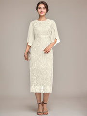 Sheath/Column Scoop Tea-Length Lace Chiffon Mother of the Bride Dress