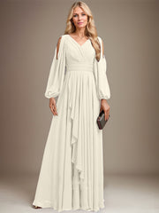 A-line Cold Shoulder V-Neck Floor-Length Chiffon Mother of the Bride Dress With Cascading Ruffles Beading