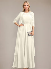A-line Scoop Illusion Floor-Length Lace Chiffon Mother of the Bride Dress With Pleated