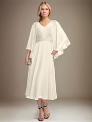 A-line V-Neck Tea-Length Chiffon Lace Mother of the Bride Dress With Sequins Beading
