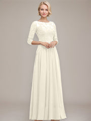 A-line Boat Neck Illusion Floor-Length Chiffon Lace Mother of the Bride Dress With Sequins Beading