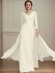 A-line V-Neck Floor-Length Lace Chiffon Mother of the Bride Dress With Sequins