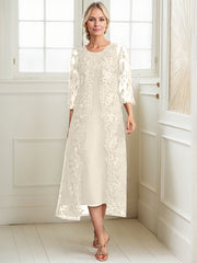 A-line Scoop Tea-Length Lace Chiffon Mother of the Bride Dress