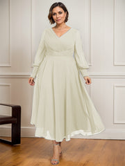 A-line V-Neck Tea-Length Chiffon Mother of the Bride Dress With Pleated