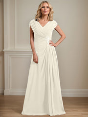 A-line V-Neck Floor-Length Chiffon Mother of the Bride Dress With Pleated Sequins Beading