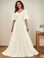 A-line V-Neck Floor-Length Chiffon Mother of the Bride Dress With Sequins Appliques Lace Pleated