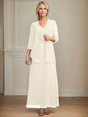 A-line V-Neck Ankle-Length Lace Sequin Chiffon Mother of the Bride Dress