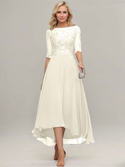 A-line Illusion Boat Neck Asymmetrical Chiffon Lace Mother of the Bride Dress With Sequins Beading