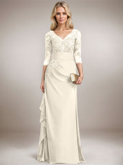 A-line V-Neck Floor-Length Lace Chiffon Mother of the Bride Dress With Cascading Ruffles