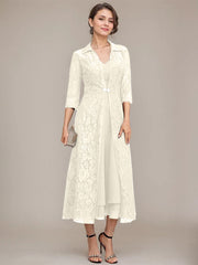 A-line V-Neck Tea-Length Chiffon Mother of the Bride Dress