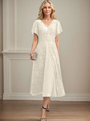 A-line V-Neck Tea-Length Lace Chiffon Mother of the Bride Dress