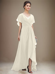 A-line V-Neck Asymmetrical Chiffon Mother of the Bride Dress With Sequins Beading Cascading Ruffles