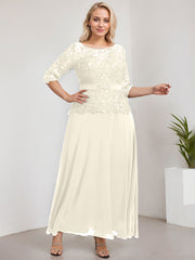 A-line Scoop Illusion Ankle-Length Chiffon Lace Mother of the Bride Dress With Rhinestone Beading