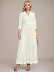 A-line Collared V-Neck Ankle-Length Chiffon Mother of the Bride Dress With Beading Pleated