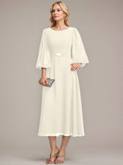 A-line Scoop Tea-Length Chiffon Mother of the Bride Dress With Crystal Brooch Pleated