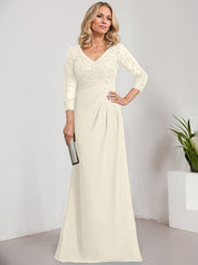 Sheath/Column V-Neck Illusion Floor-Length Lace Chiffon Mother of the Bride Dress With Pleated Sequins