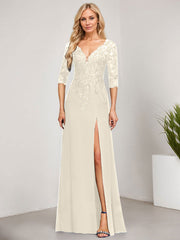 Sheath/Column V-Neck Floor-Length Lace Chiffon Mother of the Bride Dress With Sequins