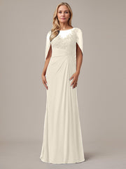 A-Line Floor-Length Boat-Neck Lace Capelet Chiffon Mother of the Bride Dress
