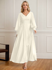 A-line V-Neck Ankle-Length Chiffon Mother of the Bride Dress With Cascading Ruffles Beading Sequins