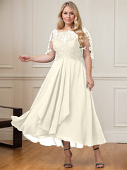 A-line Boat Neck Illusion Asymmetrical Lace Chiffon Mother of the Bride Dress With Cascading Ruffles Sequins