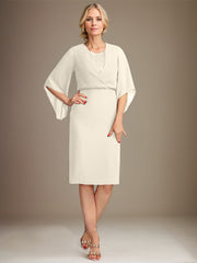 Sheath/Column V-Neck Knee-Length Lace Chiffon Mother of the Bride Dress With Sequins