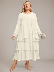 A-line Scoop Tea-Length Chiffon Mother of the Bride Dress With Cascading Ruffles