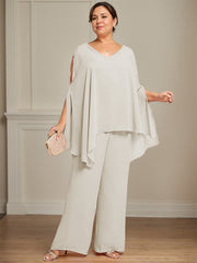 Separates Jumpsuit/Pantsuit V-Neck Floor-Length Chiffon Mother of the Bride Dress With Beading