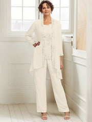 Elegant Appliques 3 Pieces Chiffon Mother of The Bride Jumpsuit with Wrap