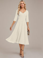A-line V-Neck Tea-Length Chiffon Mother of the Bride Dress With Pleated