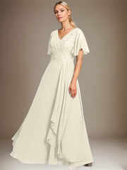 A-line V-Neck Floor-Length Lace Chiffon Mother of the Bride Dress With Cascading Ruffles Sequins