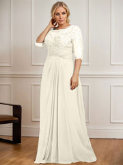 A-line Scoop Illusion Floor-Length Chiffon Lace Mother of the Bride Dress With Pleated Sequins Beading
